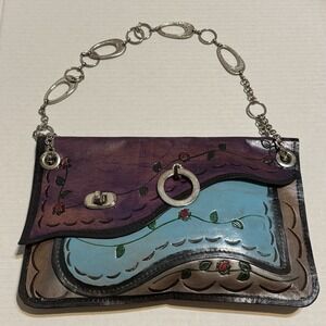 Handbag Country Road HandTooled Leather Purple Blue Chain Clutch Purse Western